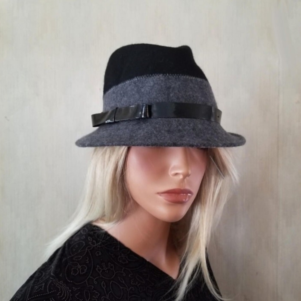 Cynthia Rowley Black Gray Tiered Wool Hat Cool Weather Church‎ Everyday Elegance